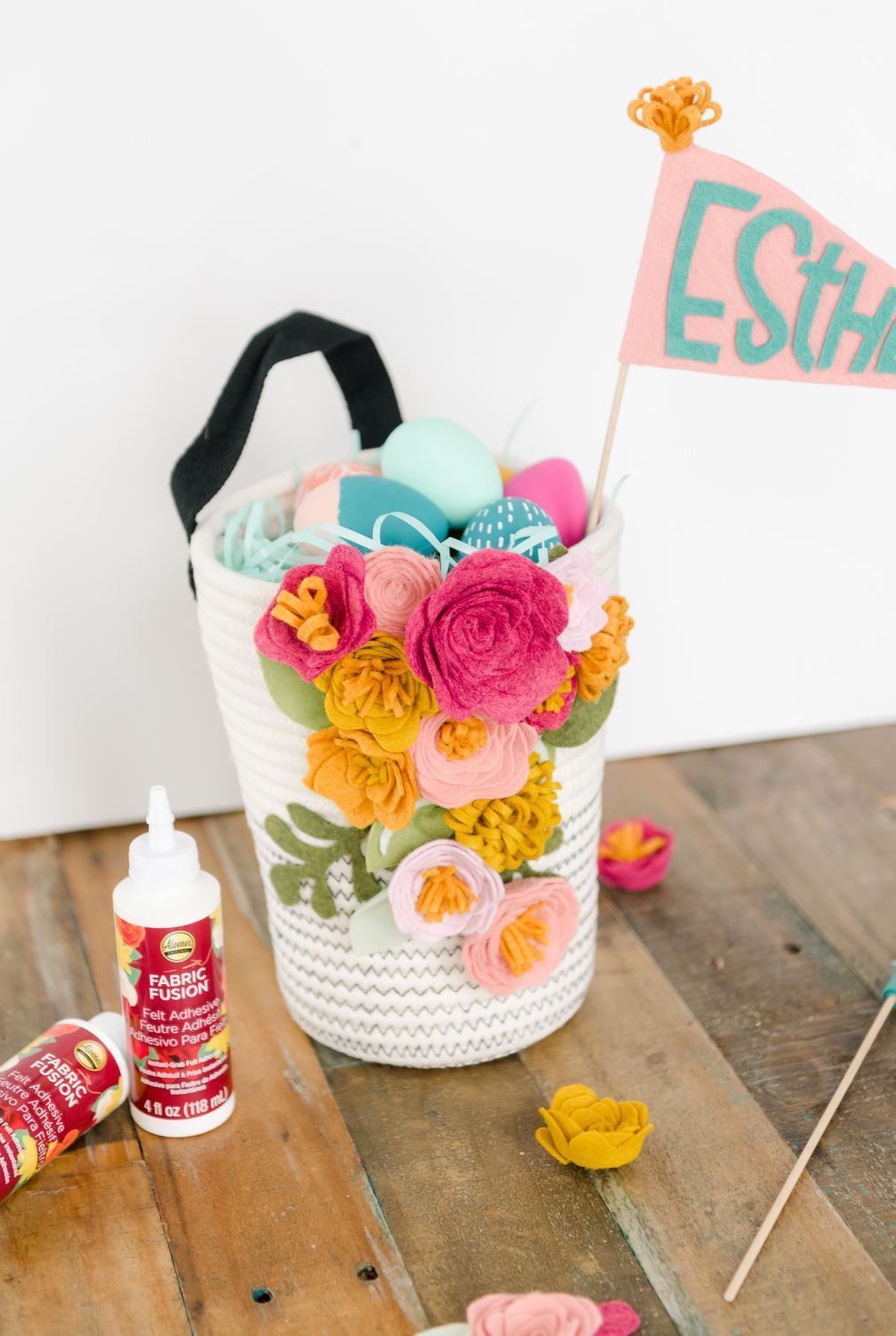 DIY Easter Basket with Felt Flowers and Personalized Pennants