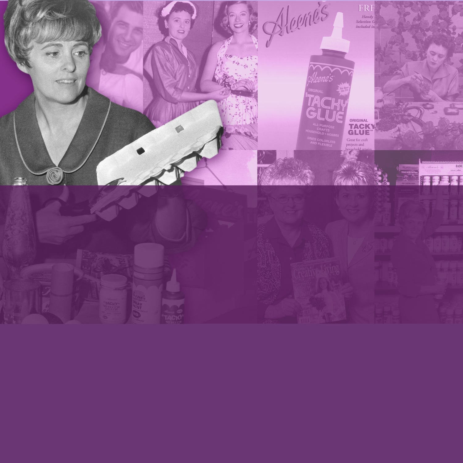 Collage of historical images featuring Aleene Jackson, the founder of Aleene’s Tacky Glue, along with vintage crafting moments, product packaging, and magazine features, overlaid with a purple gradient.