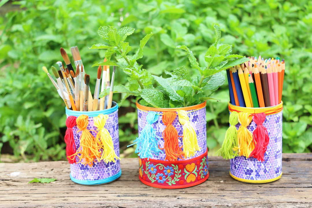 How to Glue Fabric and Paper onto Metal: Colorful Boho Can Organizers 