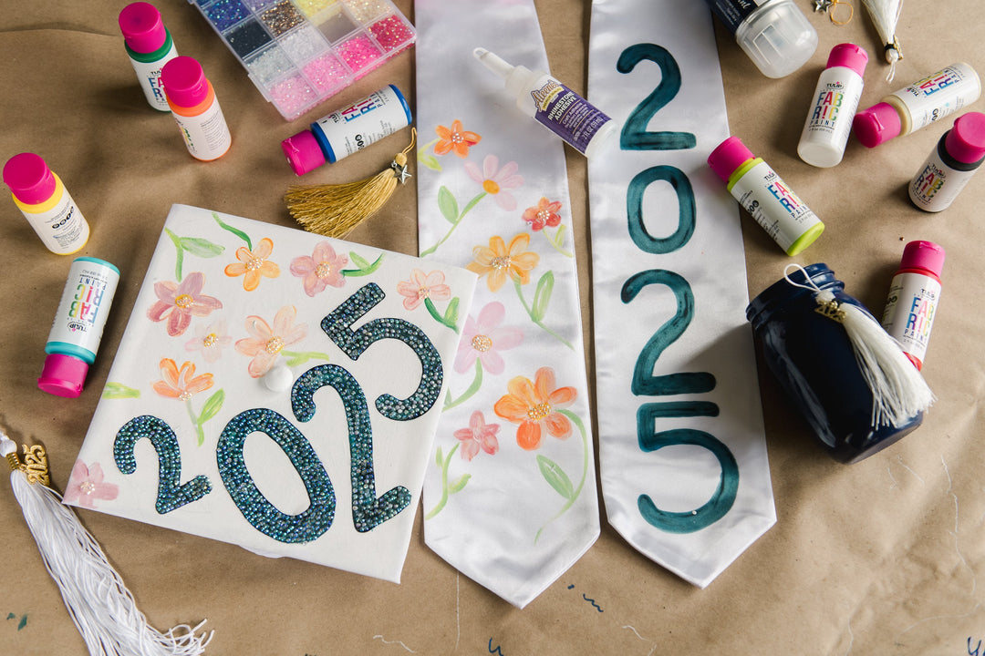 Custom graduation cap designs with Tulip Brush-On Fabric Paint and Aleene’s Rhinestone Adhesive