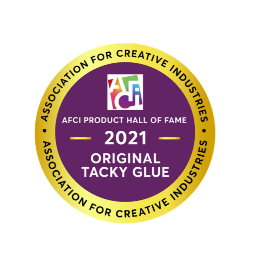 Seal-style badge with a gold outer ring and a purple inner circle. The outer ring reads 'ASSOCIATION FOR CREATIVE INDUSTRIES' in black uppercase letters. The inner circle features the AFCI logo, 'AFCI PRODUCT HALL OF FAME,' and '2021 ORIGINAL TACKY GLUE' in bold white text. This badge recognizes Original Tacky Glue as the AFCI Product of the Year 2021.