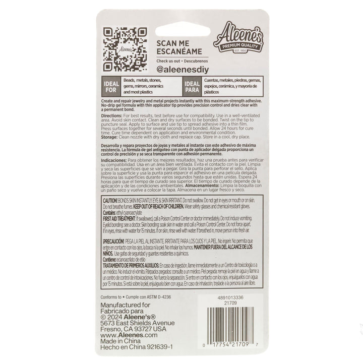Picture of 21709 Aleene's Jewelry & Metal Glue .7 fl. oz. (back of blister card)