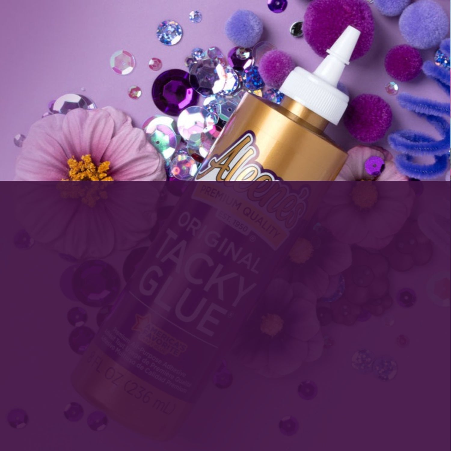 Bottle of tacky glue surrounded by decorative items on a purple background