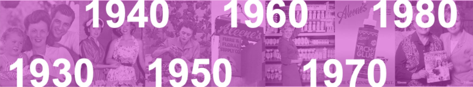 "A historical timeline banner featuring a collage of black-and-white and color photos representing different decades from the 1930s to the 1980s. The numbers '1930, 1940, 1950, 1960, 1970, and 1980' are prominently displayed in bold white text over a purple-tinted background.