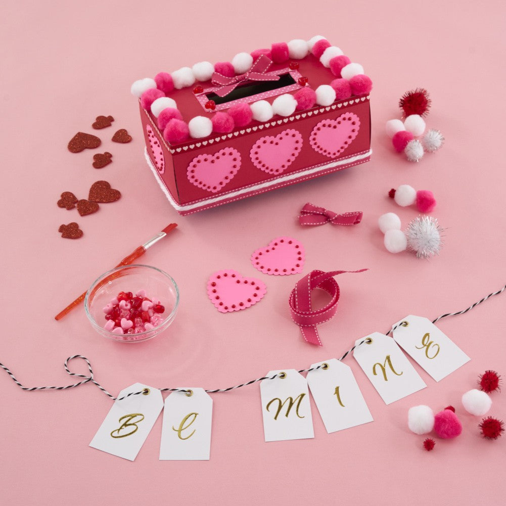 Valentine's Day craft kit with heart-shaped decorations on a pink background