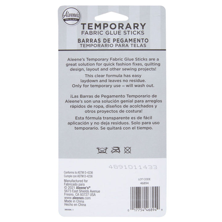 Aleene's Temporary Fabric Glue Sticks 3 Pack back of the package 